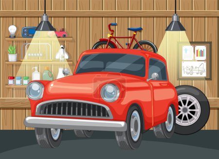 Téléchargez les illustrations : Voiture rouge classique et vélo stockés dans un garage en bois - en licence libre de droit