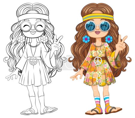 Colorful and outlined hippie girl with peace symbols.