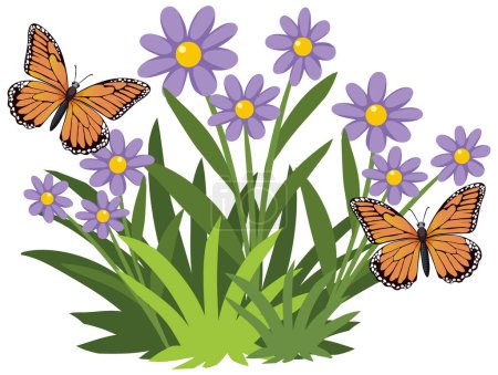 Téléchargez les illustrations : Papillons colorés planant sur des fleurs violettes - en licence libre de droit