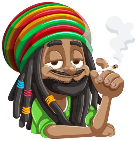 Téléchargez les illustrations : Caricature d'un Rastafarien souriant avec une articulation. - en licence libre de droit