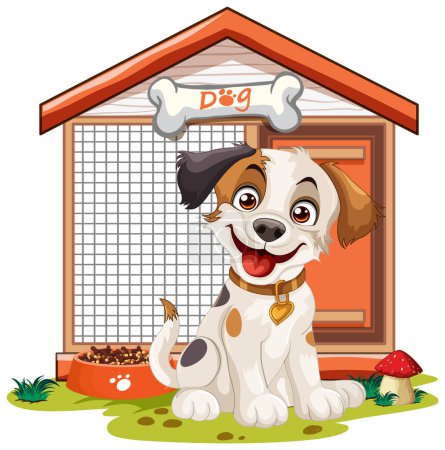 Fröhlicher Hund sitzt neben Haus und Futterschüssel