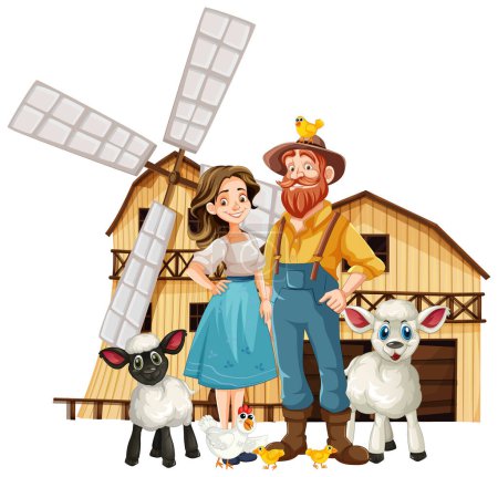 Illustration d'agriculteurs avec des animaux près d'une grange et d'un moulin à vent.