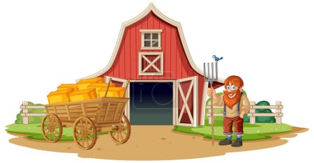 Téléchargez les illustrations : Fermier souriant debout près d'un chariot rempli de foin. - en licence libre de droit