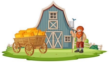 Cheerful farmer standing by hay cart outside barn.