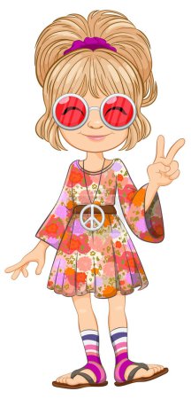 Téléchargez les photos : Dessin animé fille en costume hippie clignotant signe de paix. - en image libre de droit
