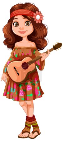 Illustration for Animated girl with guitar in boho style dress. - Royalty Free Image
