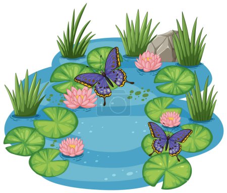 Ilustración de Mariposas coloridas sobre lirios de agua en un estanque tranquilo - Imagen libre de derechos