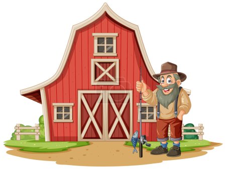 Illustration for Cheerful farmer showing off a fish near a red barn. - Royalty Free Image