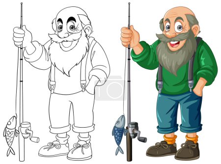 Ilustración de Pescador de dibujos animados con caña de pescar y pescado. - Imagen libre de derechos