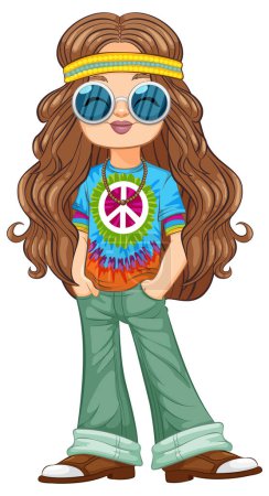 Ilustración de Chica hippie colorido, de estilo retro en traje vibrante. - Imagen libre de derechos