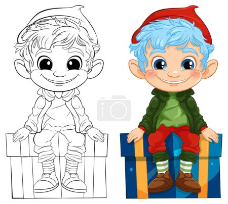 Téléchargez les illustrations : Versions colorées et esquissées d'un elfe heureux. - en licence libre de droit