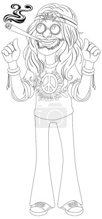 Cartoon hippie with peace sign and smoke.