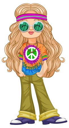 Illustration for Colorful, retro-styled hippie girl in vibrant attire. - Royalty Free Image