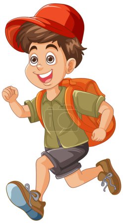 Cheerful young boy running with a backpack.
