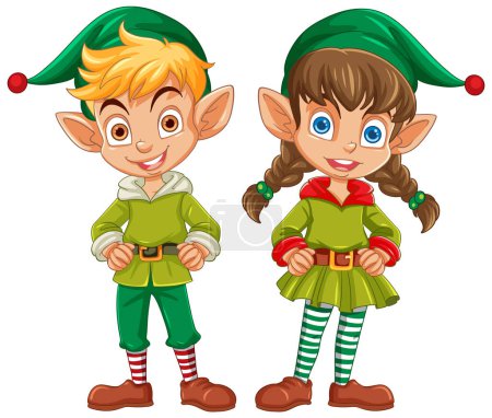 Two happy elves in festive holiday attire.
