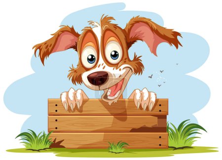 Téléchargez les photos : Joyeux chien de dessin animé avec de grands yeux sur une clôture - en image libre de droit