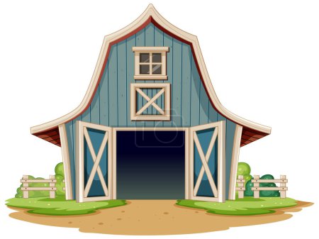 Téléchargez les illustrations : Illustration de dessin animé d'une grange bleue pittoresque. - en licence libre de droit