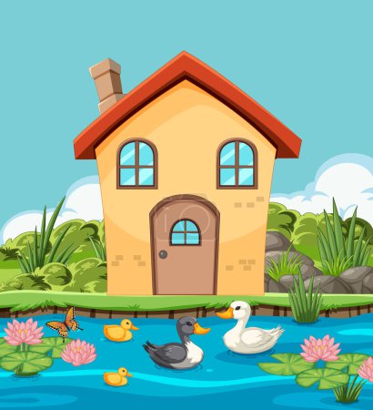 Téléchargez les illustrations : Illustration colorée de canards près d'une maison confortable - en licence libre de droit