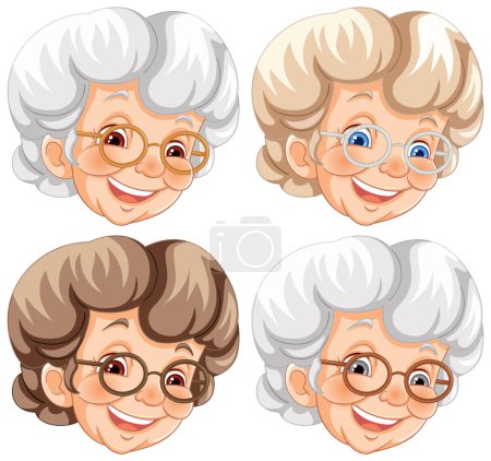 Four cheerful elderly women with glasses smiling.
