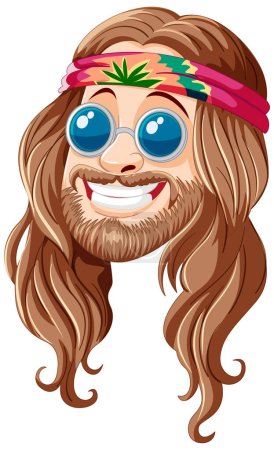 Smiling cartoon hippie with sunglasses and headband.
