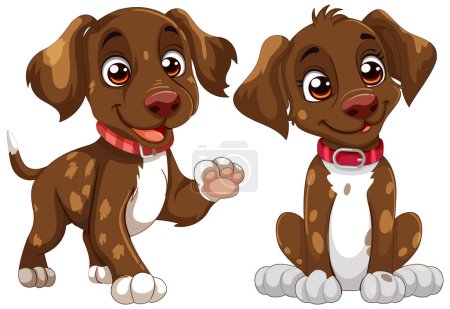 Ilustración de Dos lindos cachorros animados con expresiones lúdicas - Imagen libre de derechos