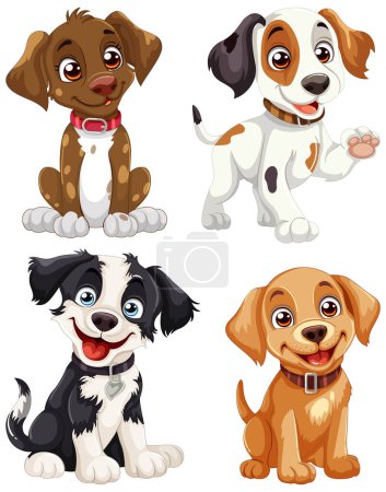 Téléchargez les illustrations : Quatre chiens animés mignons montrant diverses expressions. - en licence libre de droit