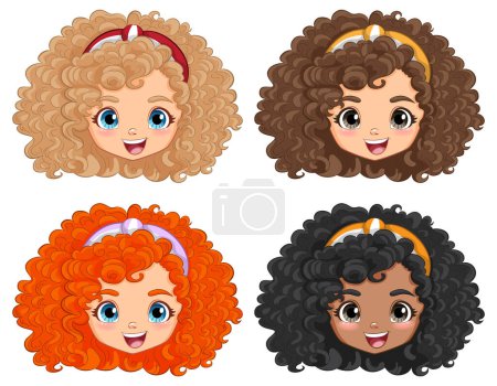 Téléchargez les illustrations : Quatre filles de dessin animé avec différentes coiffures bouclées. - en licence libre de droit
