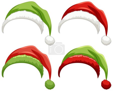 Ilustración de Cuatro coloridos sombreros de Santa en espíritu navideño. - Imagen libre de derechos