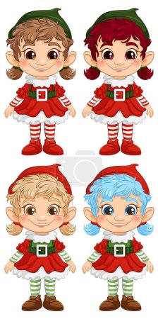 Vier fröhliche Elfen in verschiedenen festlichen Outfits.