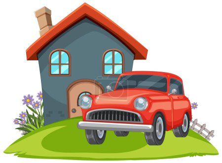 Illustration for Vector graphic of a house and car on green lawn - Royalty Free Image