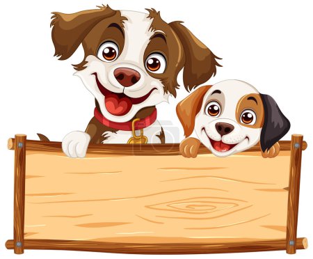 Ilustración de Dos perros de dibujos animados sosteniendo un cartel de madera. - Imagen libre de derechos