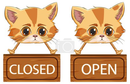 Téléchargez les illustrations : Adorable bande dessinée chat tenant des signes indiquant l'état. - en licence libre de droit
