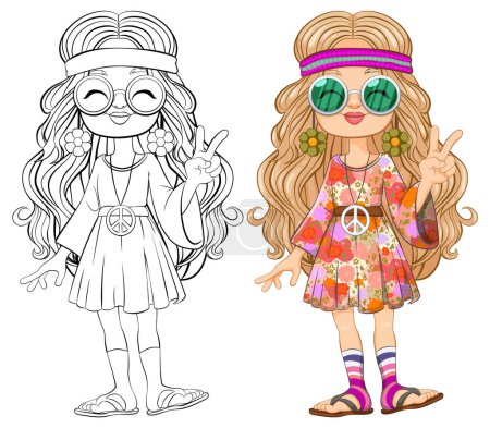 Illustration for Two girls in colorful hippie attire showing peace signs. - Royalty Free Image