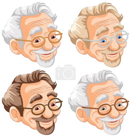 Cuatro hombres mayores alegres con gafas sonrientes.