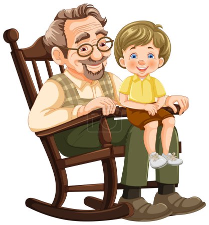 Elderly man and young boy smiling on rocking chair.