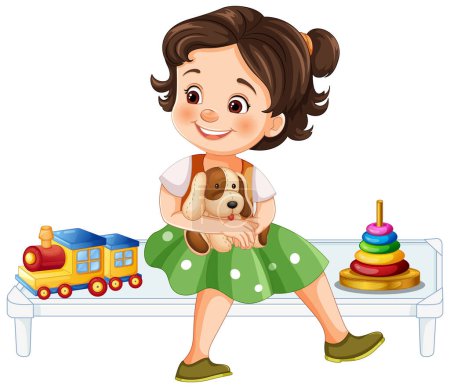 Téléchargez les illustrations : Souriante fille tenant un chiot avec des jouets à proximité. - en licence libre de droit