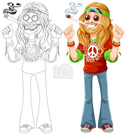 Illustration for Colorful, cheerful hippie with peace symbols and joint. - Royalty Free Image