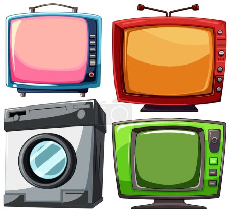 Colorful vintage TVs and camera illustration.