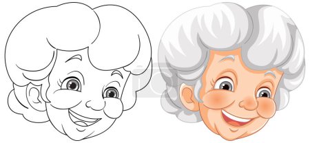 Illustration for Black and white and colored granny faces side by side. - Royalty Free Image