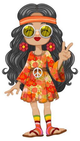 Téléchargez les illustrations : Caricature d'une fille vêtue d'une tenue hippie vibrante. - en licence libre de droit