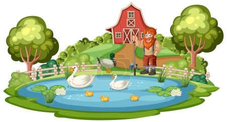Illustration of a farmer with ducks at a pond