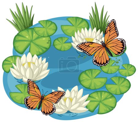 Illustration for Vector illustration of butterflies over a tranquil pond - Royalty Free Image