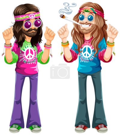 Ilustración de Coloridos personajes hippies de estilo retro en el arte vectorial. - Imagen libre de derechos