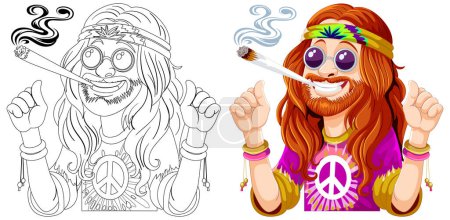 Téléchargez les illustrations : Illustration colorée d'un gai hippie fumant. - en licence libre de droit