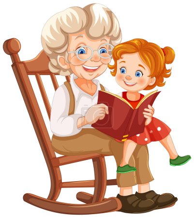 Illustration for Elderly woman and young girl enjoying a book together - Royalty Free Image