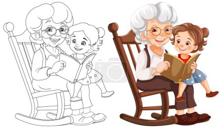 Téléchargez les illustrations : Vecteur coloré de grand-mère et enfant partageant un livre - en licence libre de droit