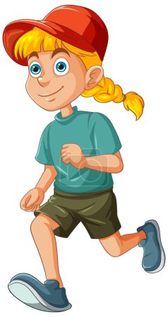Cartoon girl jogging happily in casual attire.