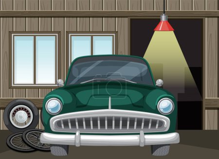 Téléchargez les illustrations : Voiture verte classique garée dans un garage en bois - en licence libre de droit