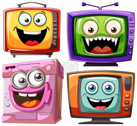 Four cartoon appliances with expressive faces