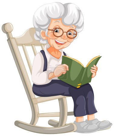 Femme âgée souriant, lisant un livre dans un fauteuil à bascule.